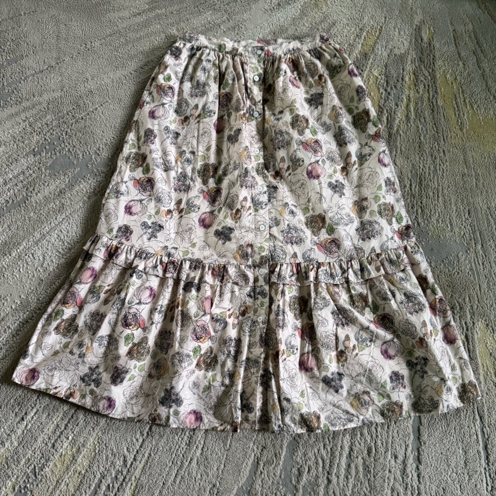 Meadows midi skirt button front organic cotton floral cottage pleated ruffle 8 - Picture 1 of 10